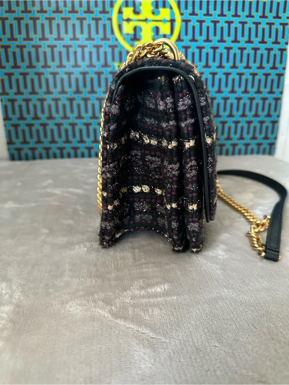 Tory Burch Black Tweed Chain Crossbody with Gold Hardware
